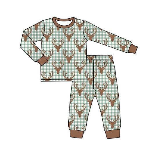 Baby Boys Checkered Deers Shirt Pants Pajamas Clothes Sets Preorder(moq 5)