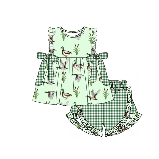 Baby Girls Mallard Ducks Green Bows Top Ruffle Shorts Clothes Sets preorder(MOQ 5)