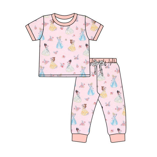 Baby Girls Princess Flowers Pink Shirt Pants Pajamas Clothes Sets Preorder(moq 5)