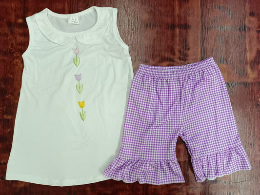 Preorder moq 5 Baby Girls Sleeveless Flowers Tunic Purple Plaid Ruffle Shorts Set