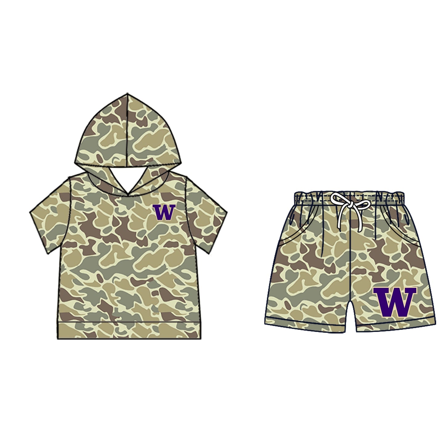 Preorder (moq 5)Baby Boys Khaki Camo W Hoodie Pockets Short Team Clothes Set