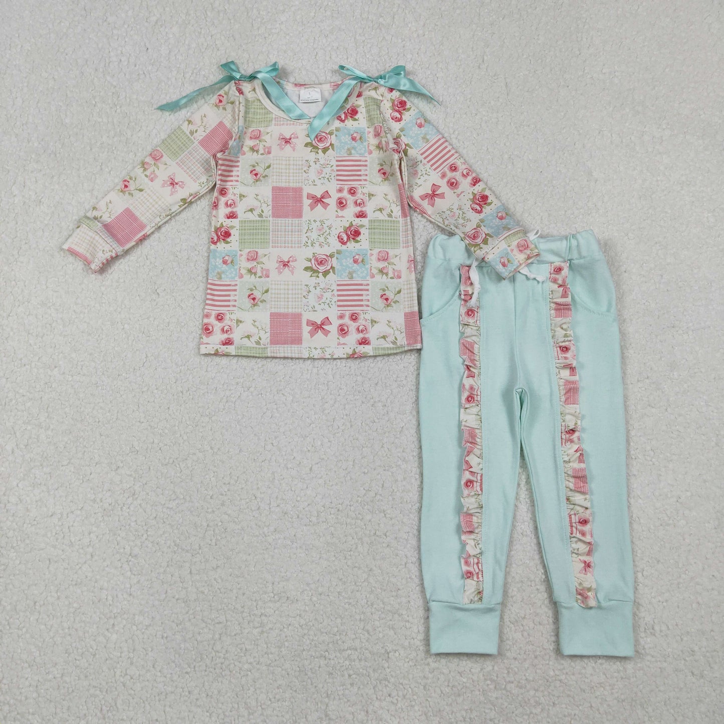 Baby Girls Flowers Checked Bows Top Ruffle Pockets Pants Clothes Sets