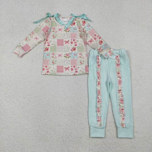 Baby Girls Flowers Checked Bows Top Ruffle Pockets Pants Clothes Sets