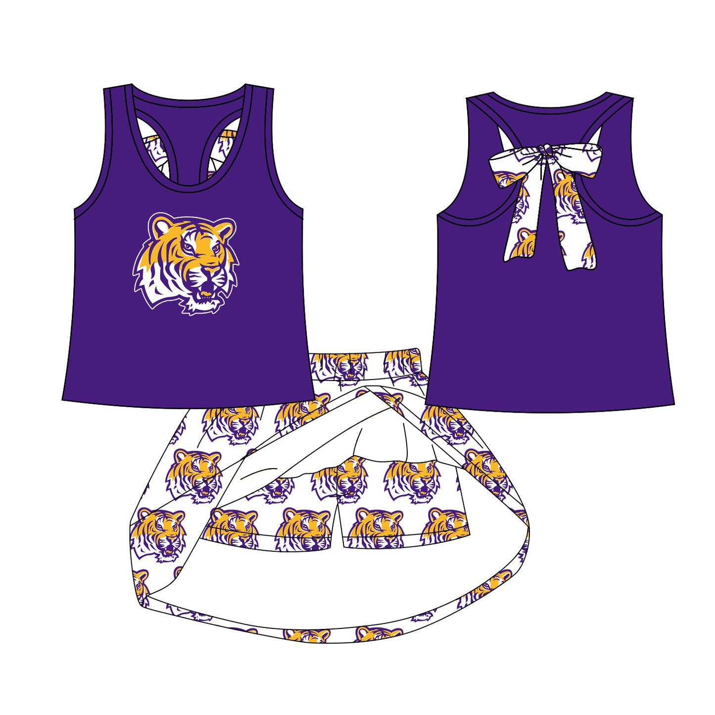 Preorder (moq 5)Baby Girls LSU Tiger bow vest team Top Skirt Skort Sets