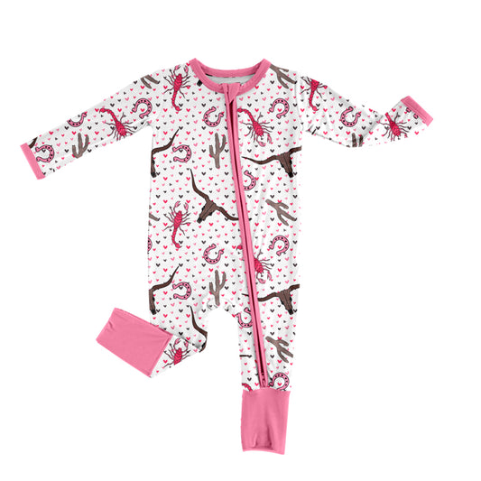 Infant Baby Girls Valentines Hearts Cow Zip Rompers preorder(moq 5)