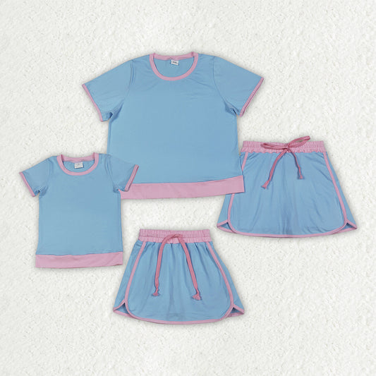Mama and Me Girls Blue Short Sleeve Shirt Top Skirt Short Cotton Clothes Sets