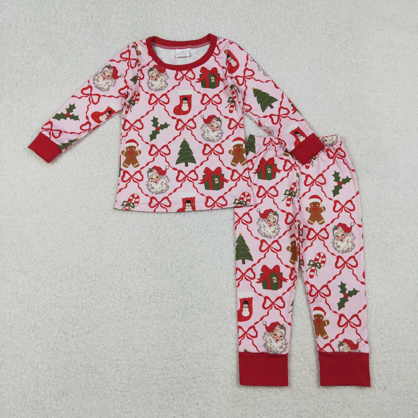 Baby Girls Red Bows Santa Gifts Checked Top Pant Christmas Pajamas Sets