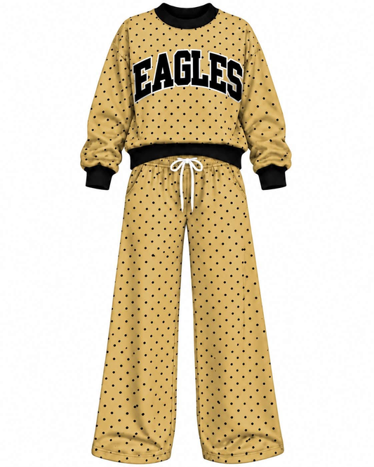 Preorder (moq 5) Baby Girls Gold Eagles Polka Dots Top Pants Outfits Sets