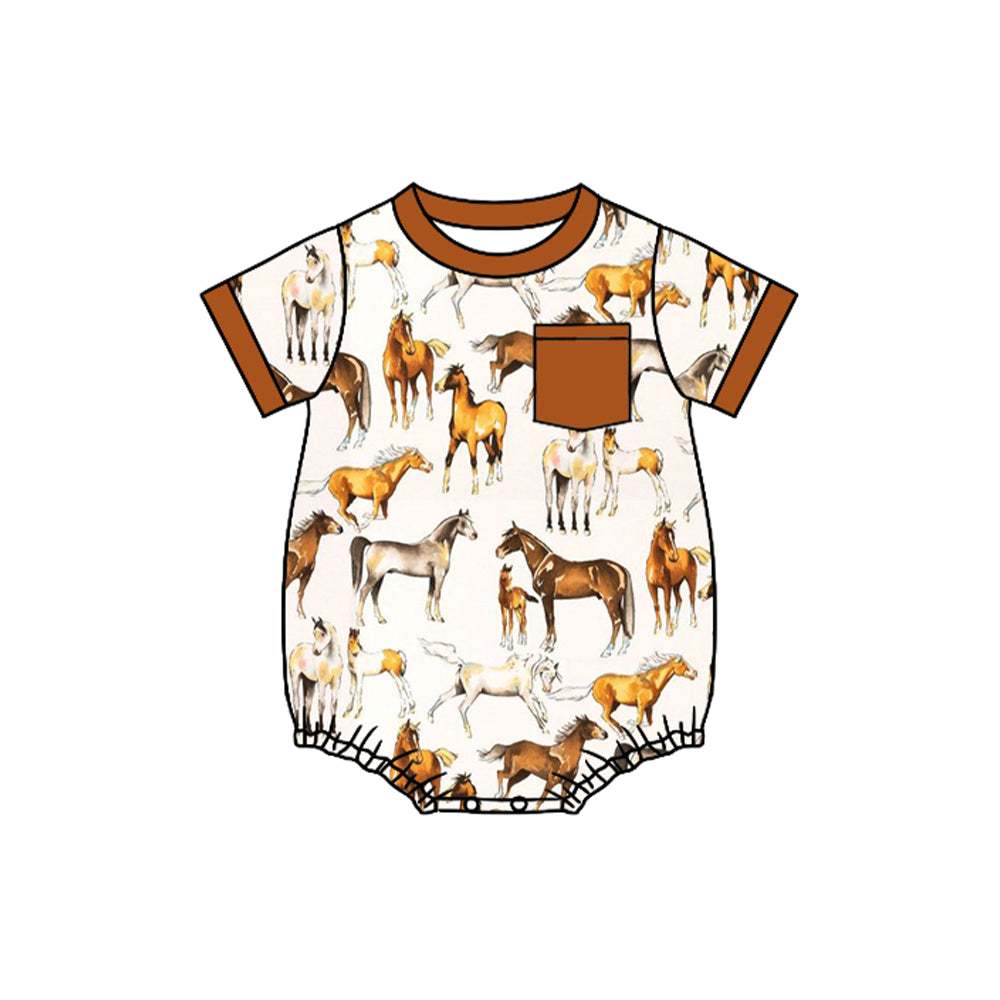 Baby Boys Brown Western Horse Pocket Short Sleeve Rompers preorder(moq 5)