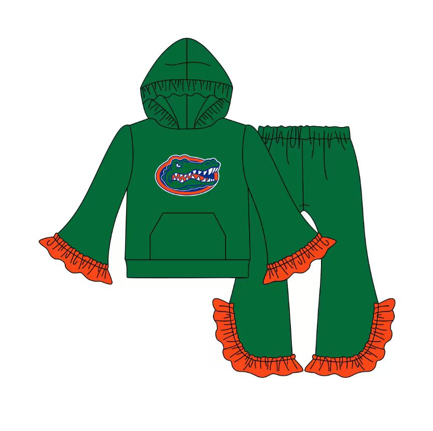 Preorder(moq 5)Baby Girls Green Crocodiles Pocket Hoodie Bell Bottom Pants Team Clothes Sets