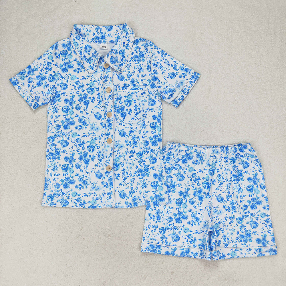 Mommy and Me Family Baby Girls Blue Flowers Shirts Ruffle Shorts Pajamas Clothes Sets