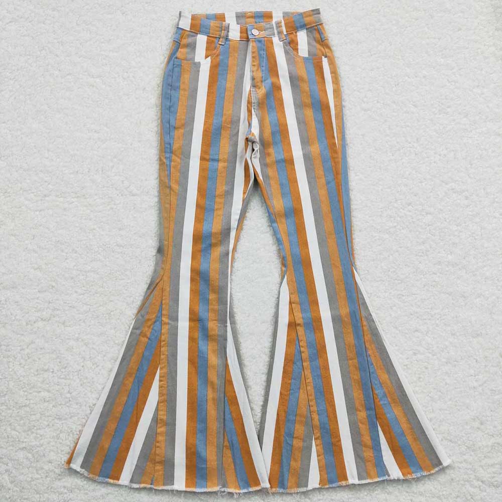 Adult Women Orange Grey Stripes denim bell pants Jeans