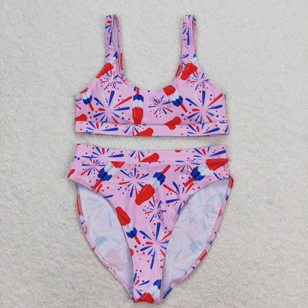 Adult Women Pink Popsicle 4th Of July Top Bottom Swimsuits Sets