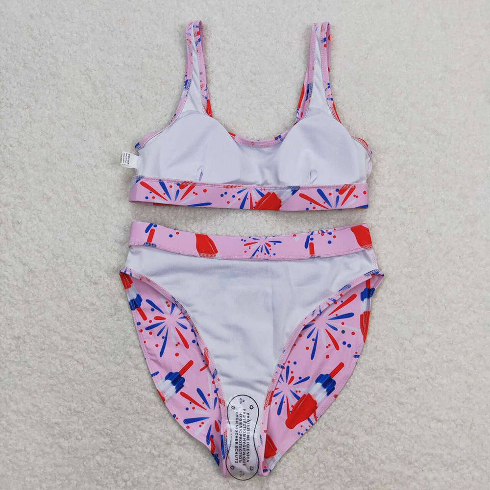 Adult Women Pink Popsicle 4th Of July Top Bottom Swimsuits Sets