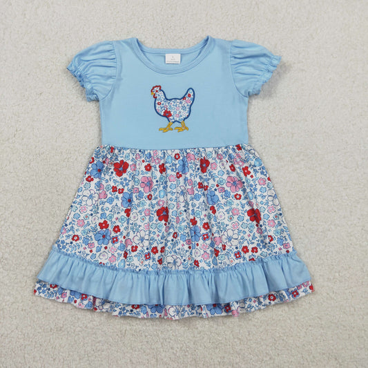 Embroidery Floral Chick Baby Girls Farm Ruffle Knee Length Dresses