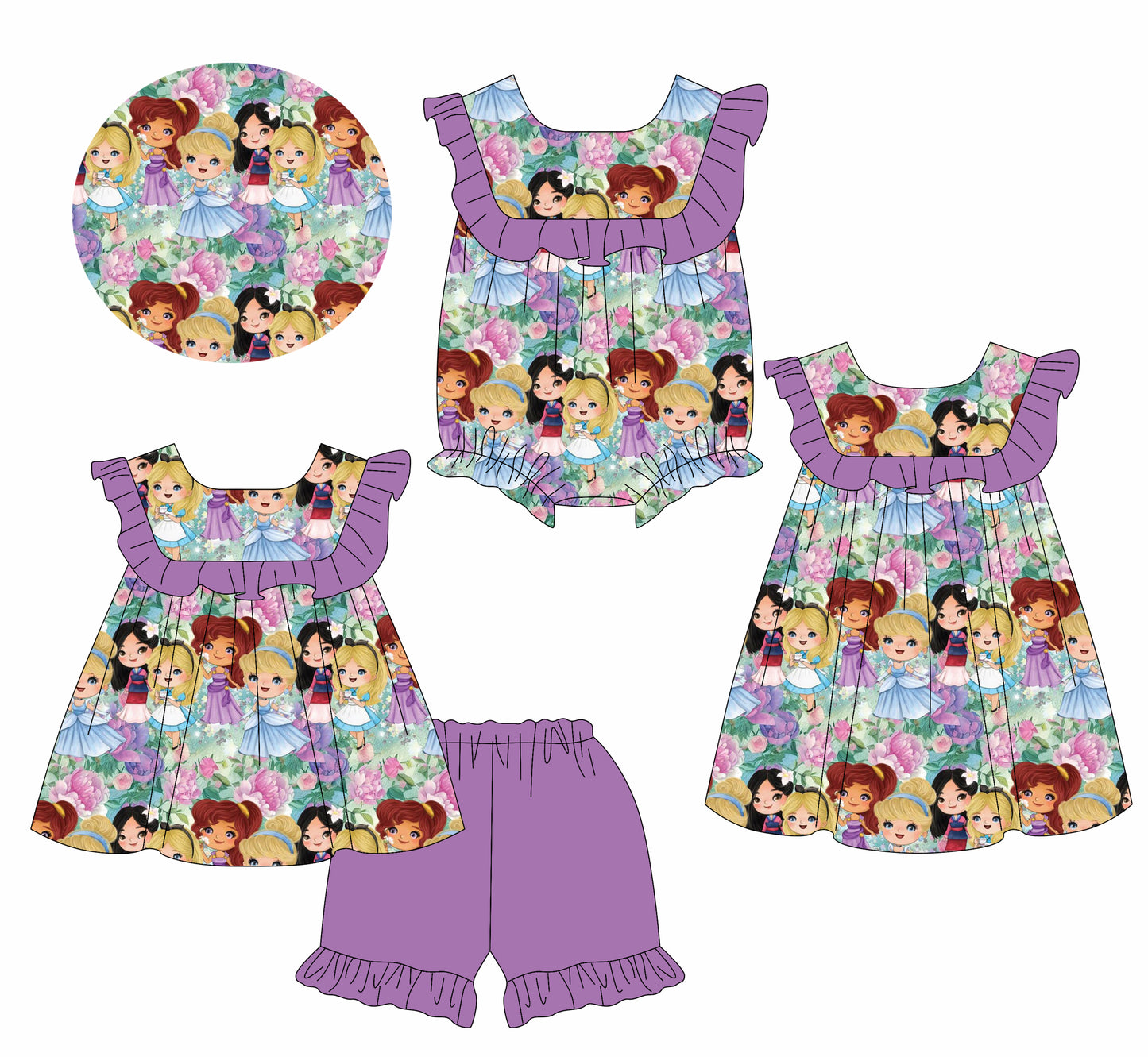 Preorder moq 5 Custom Baby Girls Sleeveless Princess Floral Tunic Purple Ruffle Short Sets Knee Length Dress Rompers