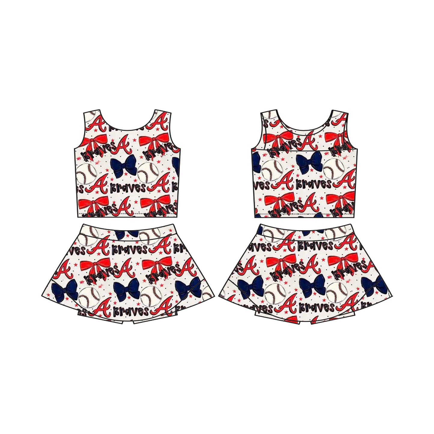 Preorder (moq 5)Baby Girls Braves Baseball Team Sleeveless Top Skorts Sets