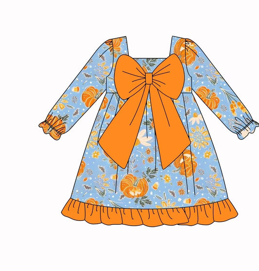 Preorder (moq 5)Baby Girls Pumpkins Bows Top Ruffle Fall Knee Length Dresses