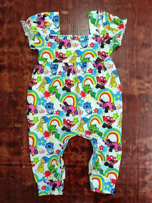 Preorder moq 5 Baby Girls Short Ruffle Sleeves Cartoon Rainbows Pant Rompers