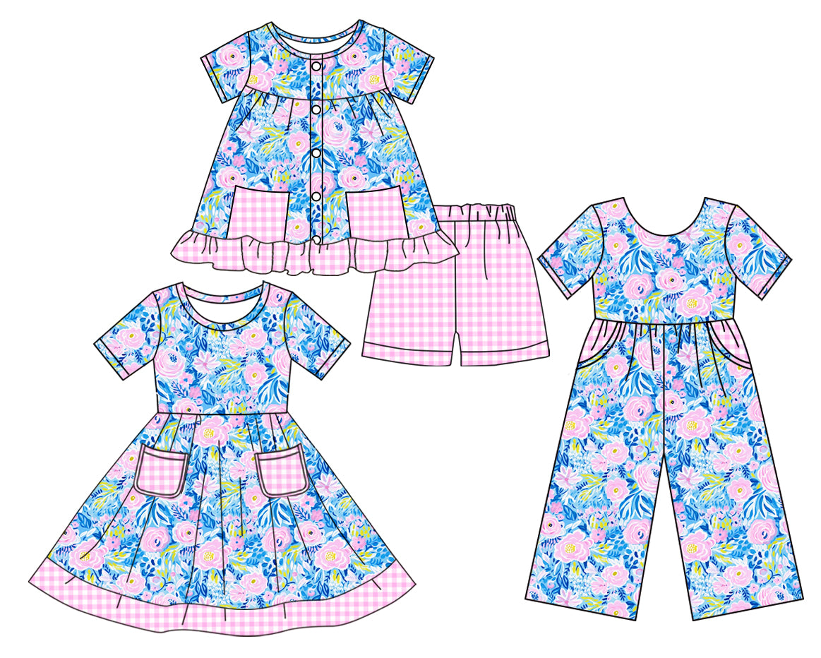 Preorder moq 5 Custom Baby Girls Short Sleeves Button Floral Pink Plaid Pockets Tunic Short Set Knee Length Dress Jumpsuits