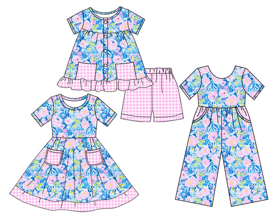 Preorder moq 5 Custom Baby Girls Short Sleeves Button Floral Pink Plaid Pockets Tunic Short Set Knee Length Dress Jumpsuits