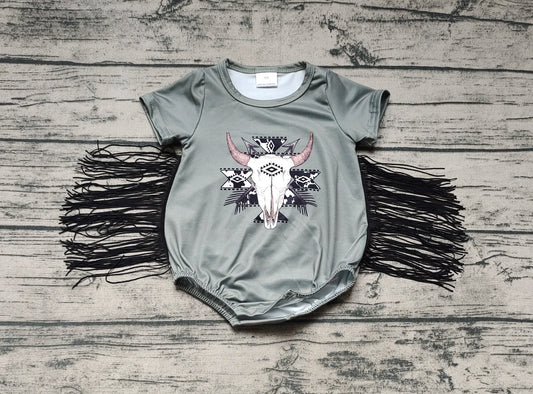 Baby Infant Girls Tassel Green Cow Skull Western Short Sleeve Rompers