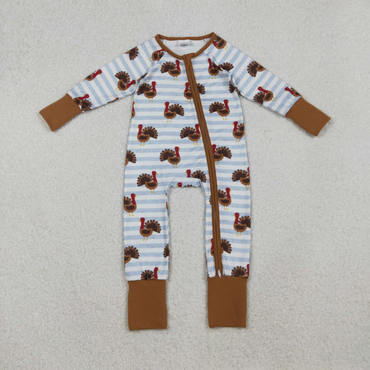 Baby Infant Boys Thanksgiving Turkey Stripe Zipper Footie Rompers
