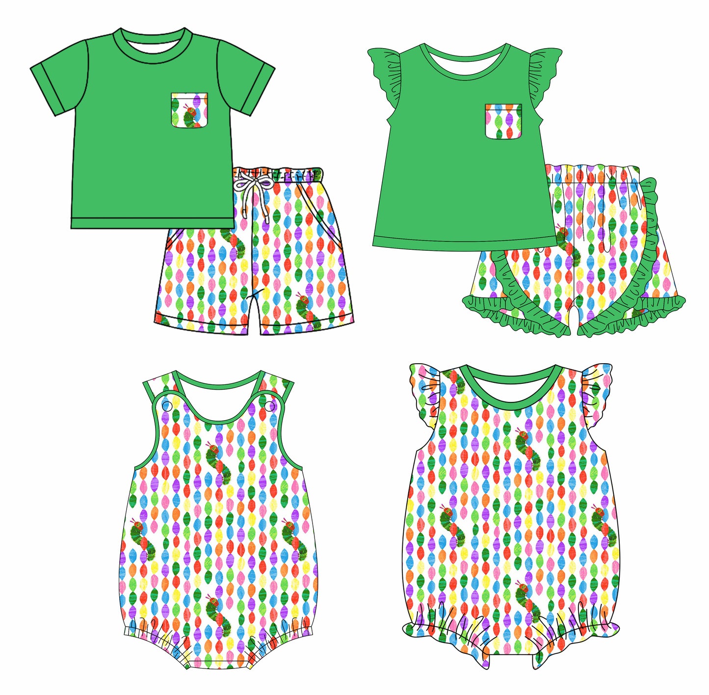 Preorder moq 5 Custom Baby Kids Green Button Pocket Caterpillars Top Stripe Short Sets Rompers