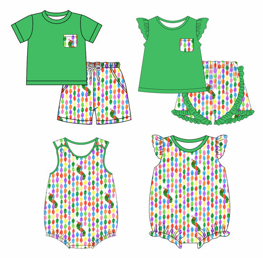 Preorder moq 5 Custom Baby Kids Green Button Pocket Caterpillars Top Stripe Short Sets Rompers