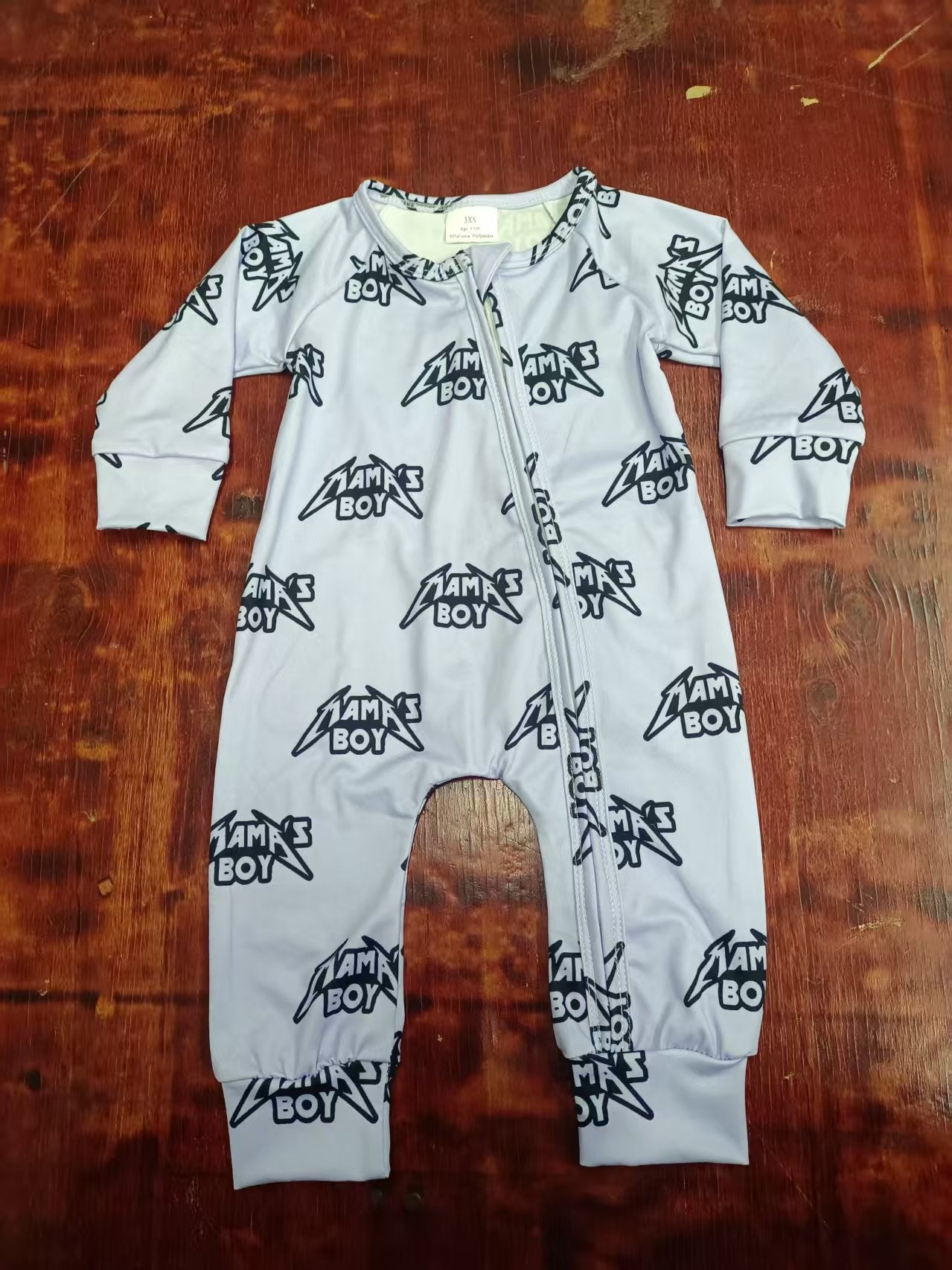 Preorder moq 5 Baby Boys Gray Long Sleeves Mama's Boy Zipper Pant Rompers