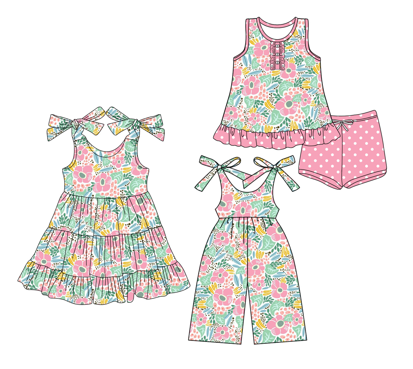 Preorder moq 5 Custom Baby Girls Pink Colorful Floral Button Tunic Polka Dots Short Set Knee Length Dress Jumpsuits