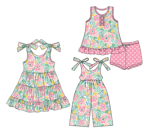 Preorder moq 5 Custom Baby Girls Pink Colorful Floral Button Tunic Polka Dots Short Set Knee Length Dress Jumpsuits