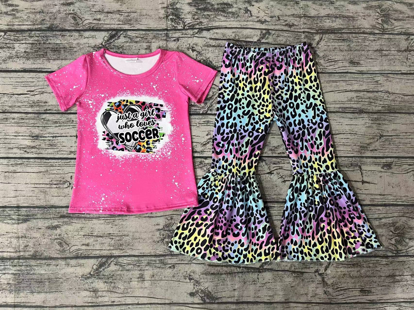 Baby Girls Just A Girl Who Loves Soccer Shirts Top Leopard Bell Pants Clothes Sets