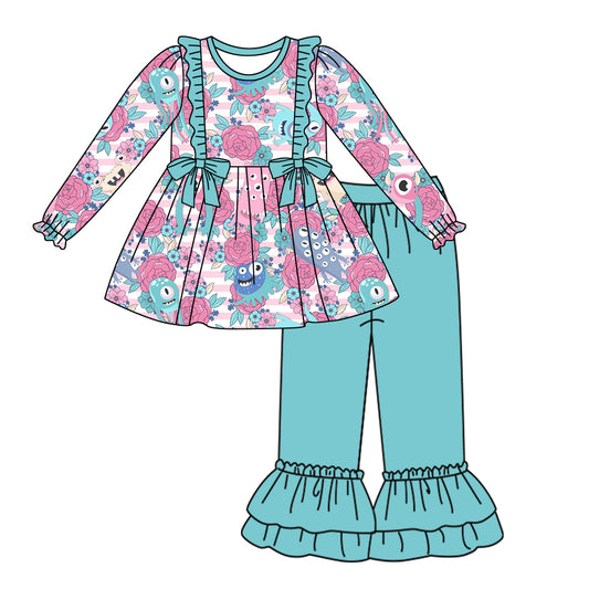 Baby Girls Monster Flowers Tunic Top Ruffle Pants Clothes Sets Preorder(moq 5)