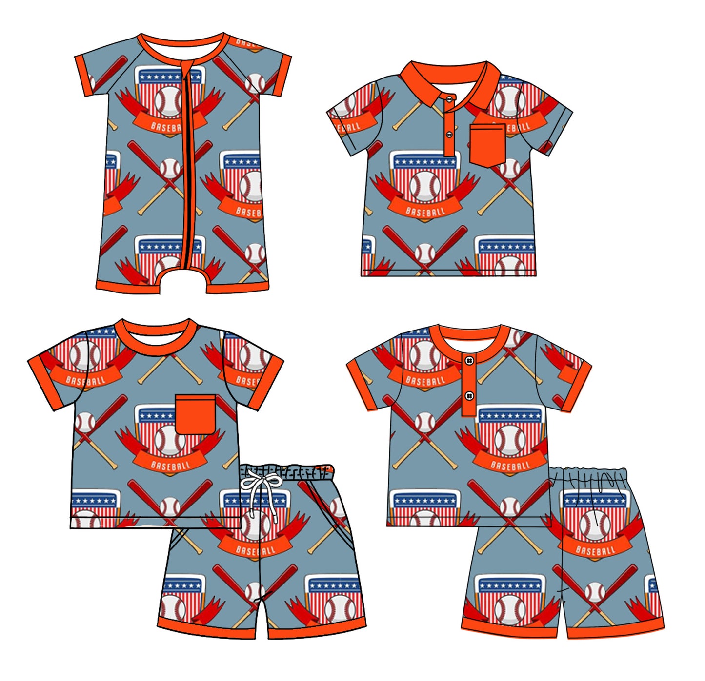 Preorder moq 5 Custom Baby Boys Gray Short Sleeves Baseballs Flags Top Short Pajamas 4th Of July Set Polo Shirts And Zipper Rompers