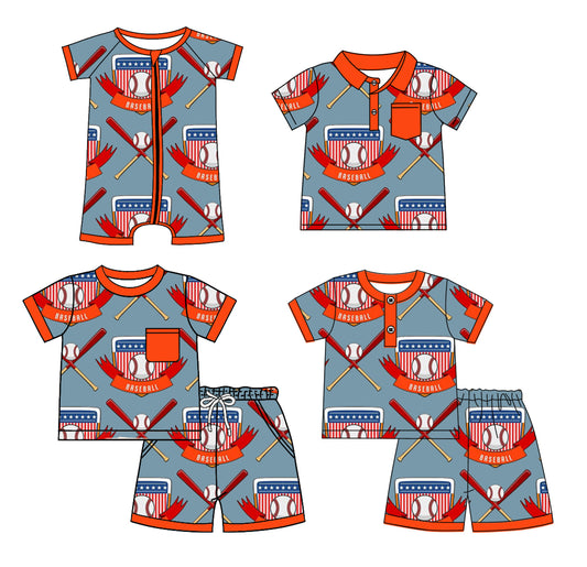 Preorder moq 5 Custom Baby Boys Gray Short Sleeves Baseballs Flags Top Short Pajamas 4th Of July Set Polo Shirts And Zipper Rompers