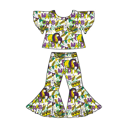 Preorder (moq 5)Baby Girls Mardi Gras Flags Top Bell Bottom Pants Clothes Sets