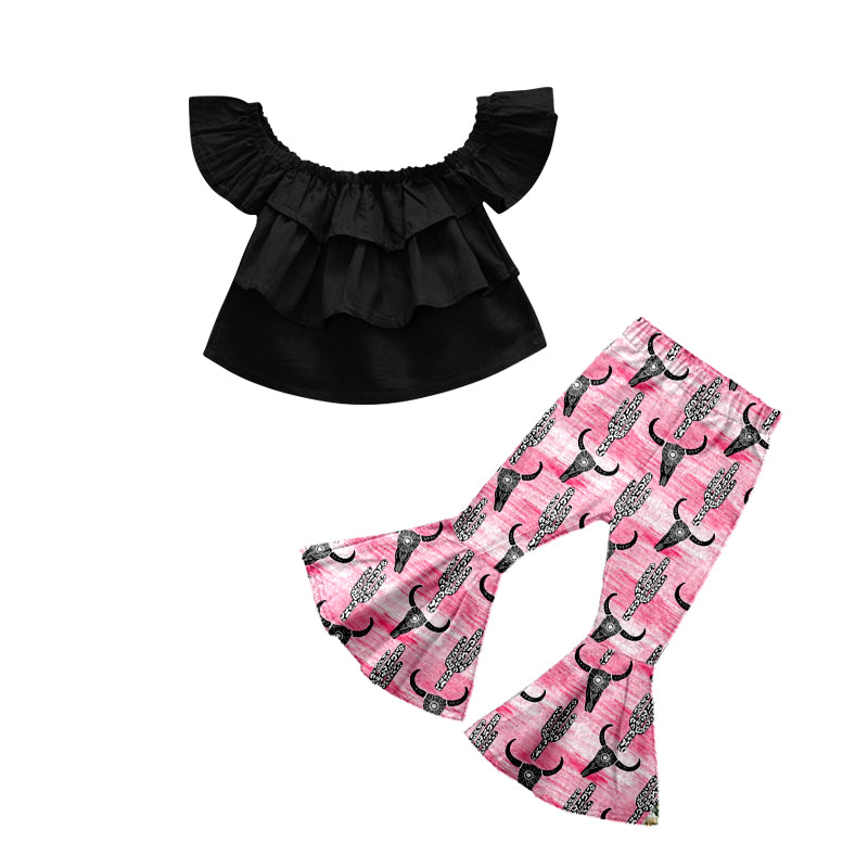 Baby Girls Summer Ruffle Top Pink Cactus Cow Bell Pants Clothes Outfits Sets preorder(moq 5)