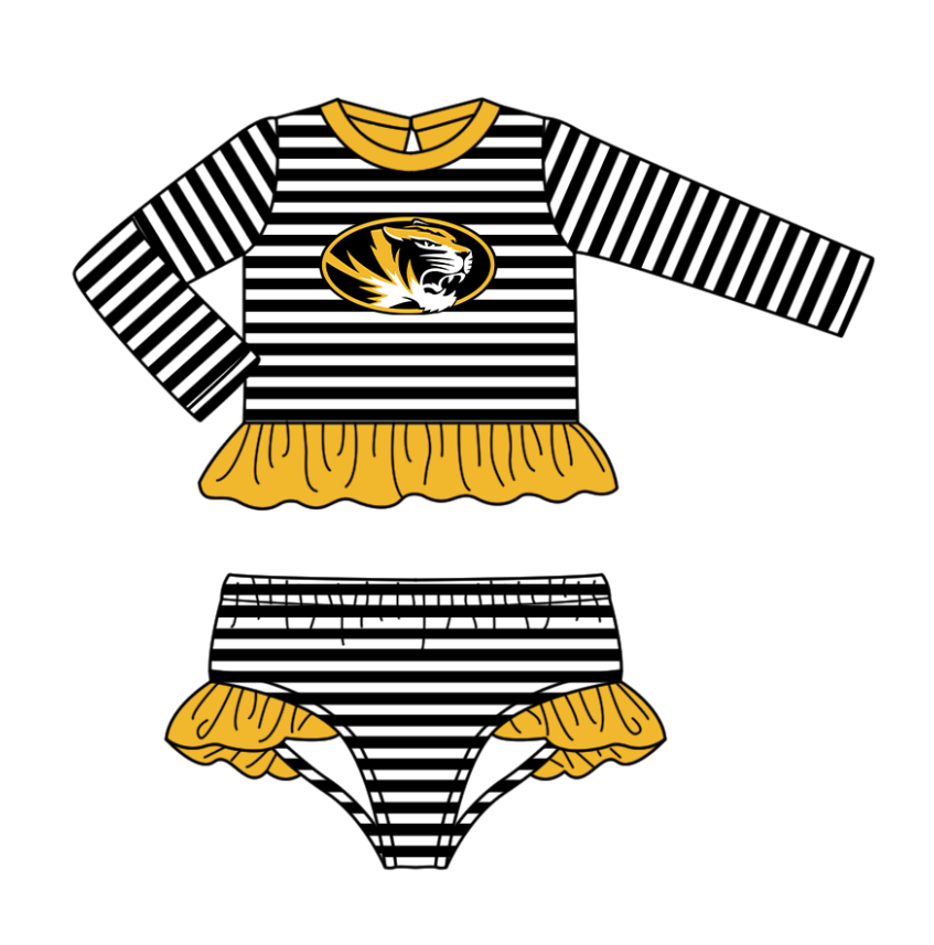 Preorder (moq 5)Baby Girls Black Stripe Tiger Ruffle Top Bummies Team 2 Piece Swimsuits