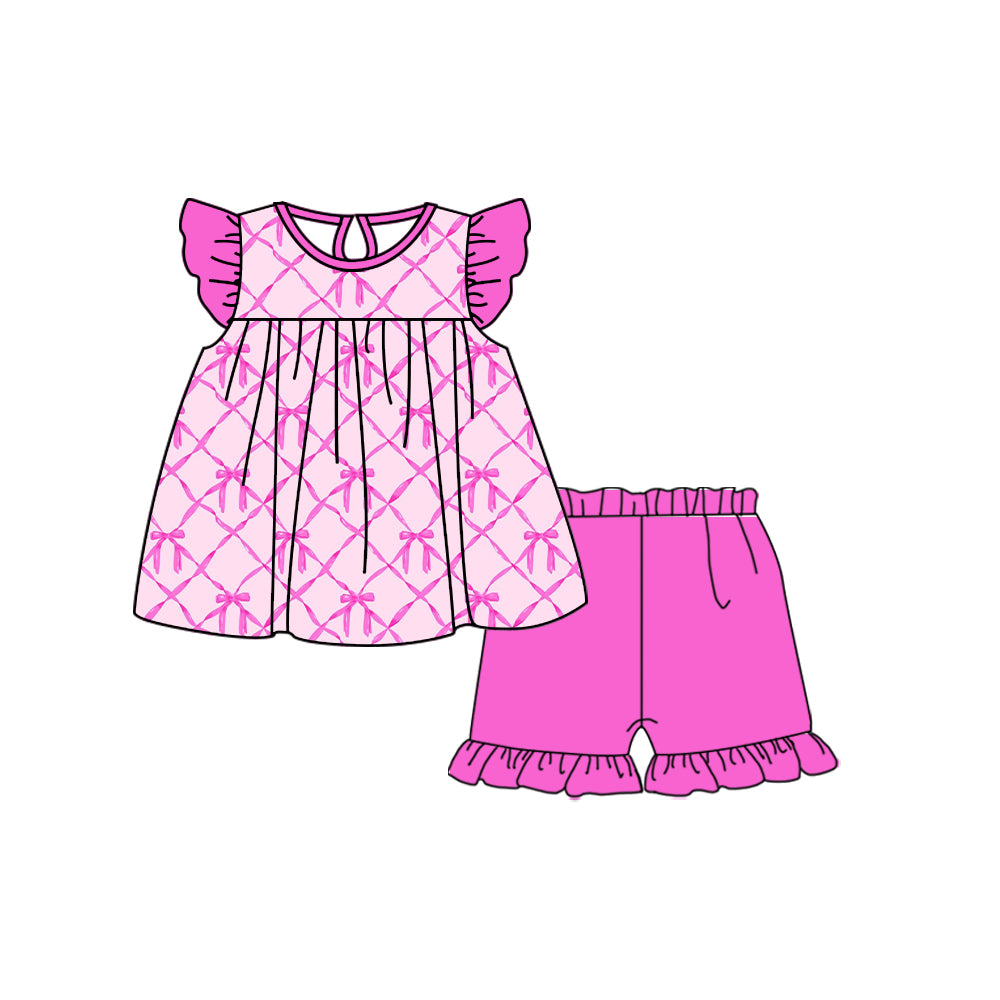 Baby Girls Pink Bows Tunic Pearl Top Ruffle Shorts Clothes Sets Preorder(moq 5)
