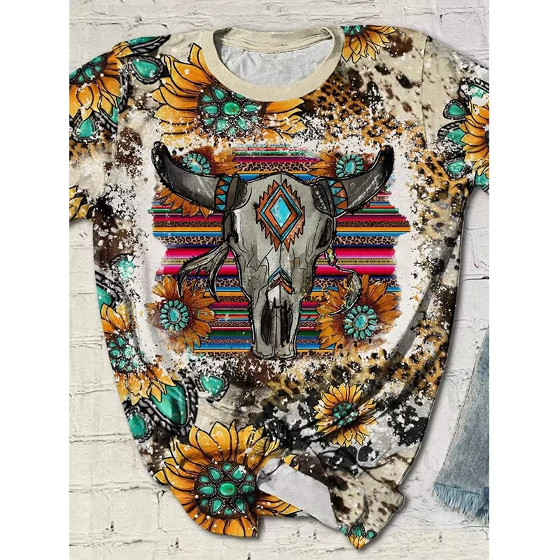 Preorder moq 5 Adult Women Western Cow Turquoise Sunflowers Bleached Tee Shirts Tops