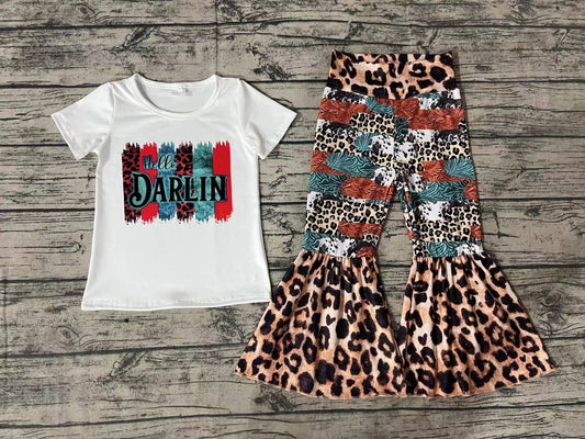 Baby Girls Hello Darlin Tee Shirts Top Leopard Bell Pants Outfits Clothes Sets