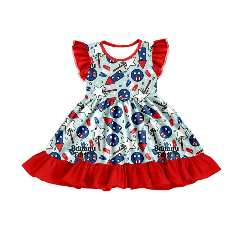 Baby Girls Red 4th Of July Flutter Sleeve Rocket Ruffle Knee Length Dresses preorder(moq 5)