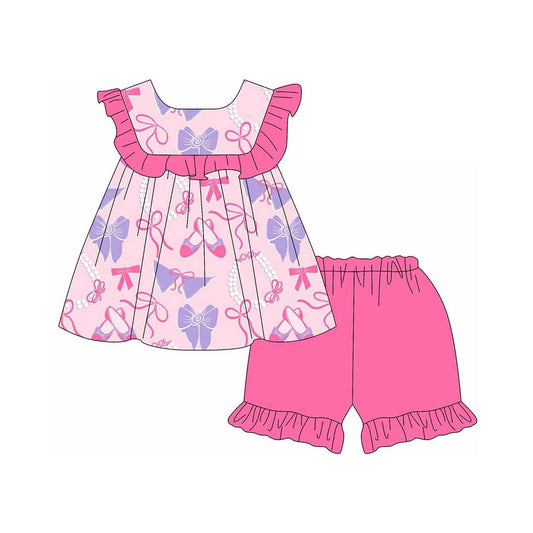 Preorder (moq 5)Baby Girls Pink Ballet Shoes Bows Tunic Ruffle Shorts Clothes Sets
