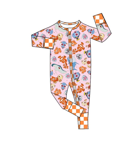 Baby Girls Orange Fish Bamboo Long Sleeve Zip Rompers preorder(moq 5)