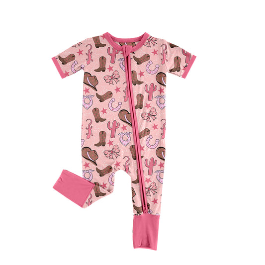 Preorder (moq 5)Baby Girls Hats Boots Cactus Western Zipper Footie Rompers