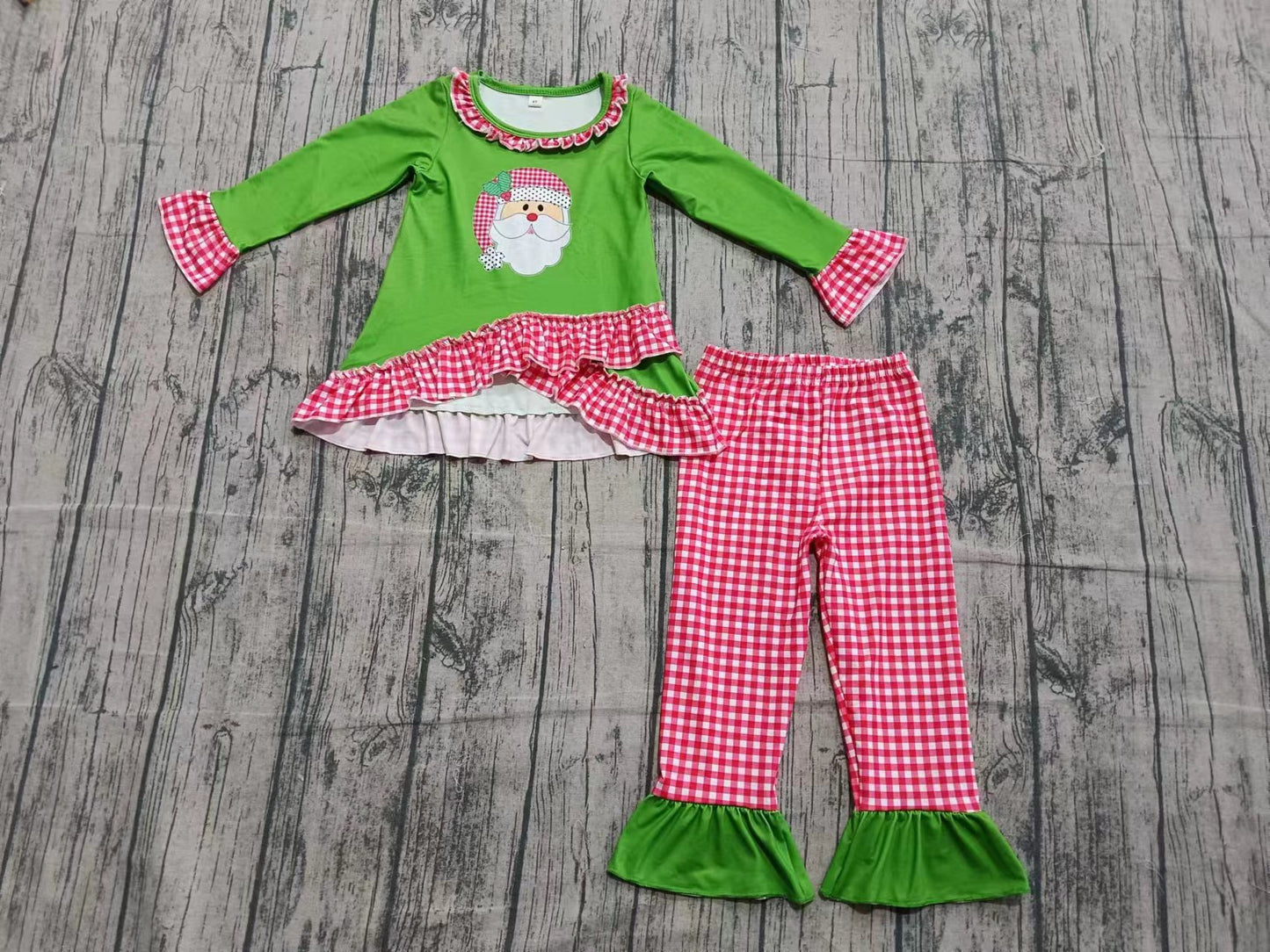 Preorder (moq 5)Baby Girls Santa Ruffle Tunic Checked Pants Christmas Clothes Set