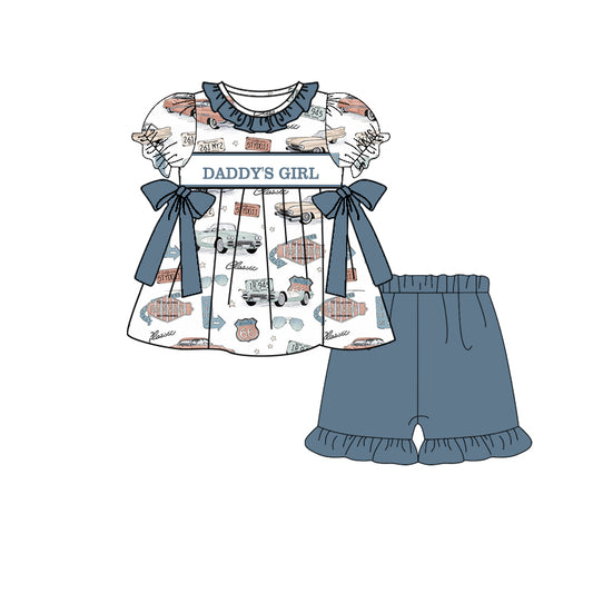 Preorder (moq 5)Baby Girls short Ruffle Sleeves DADDY'S GIRL Cars Tunic Blue Ruffle Short Set