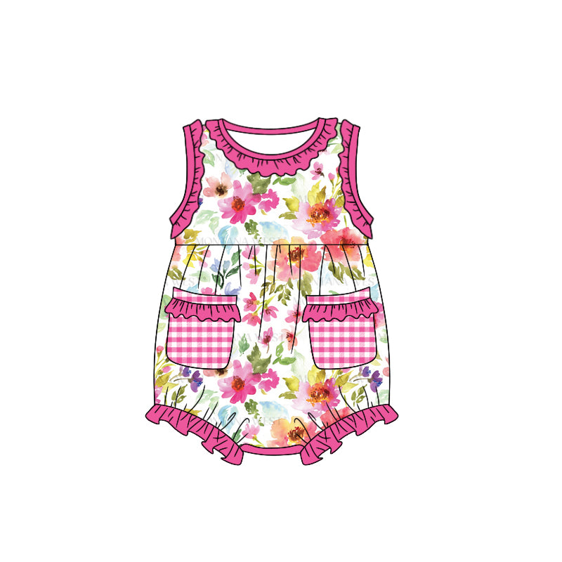 Baby Infant Girls Dark Pink Flowers Pockets Summer Rompers preorder(moq 5)