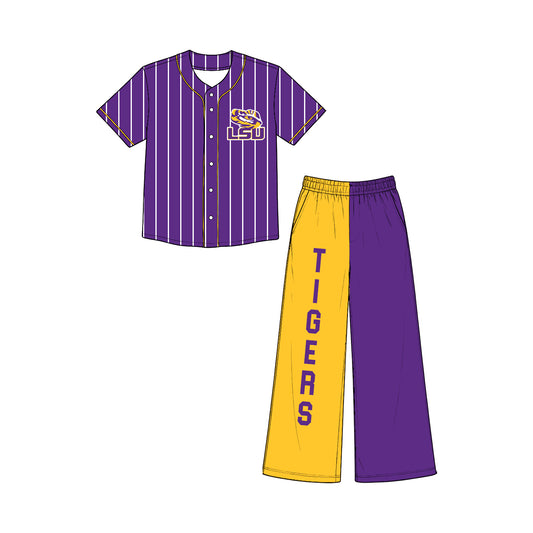 Preorder (moq 5)Baby Girls Purple Stripe Button LSU Tigers Top Flare Pants Team Clothes Sets